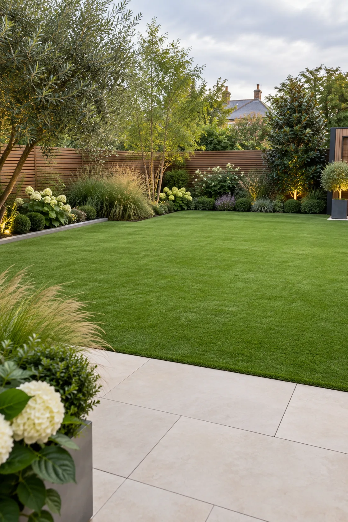 Finished artificial grass lawn in a landscaped garden